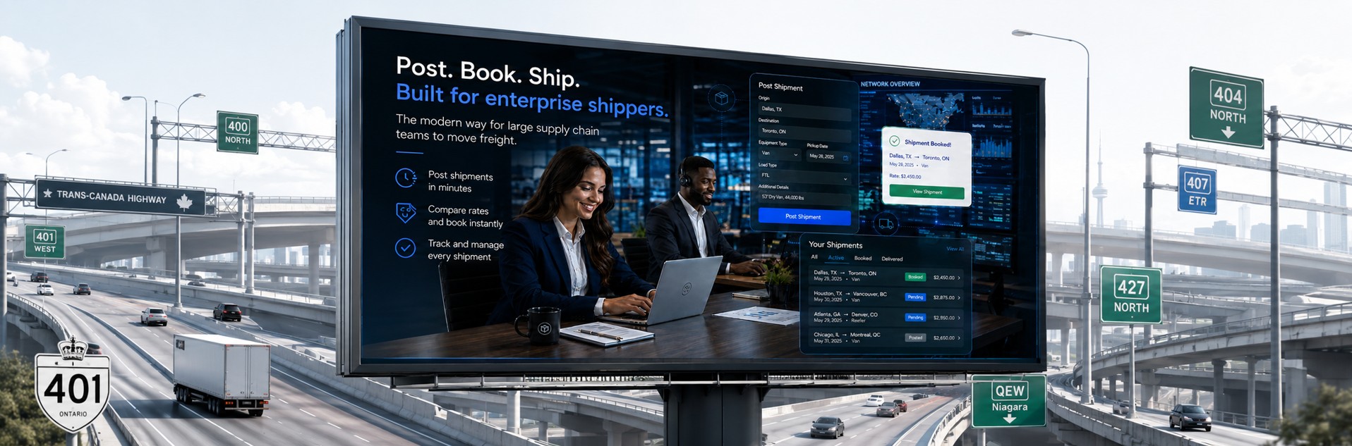 Canadian load board for enterprise shippers displayed on a digital billboard above major Canadian highways