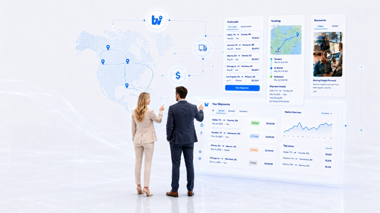 Logistware load board freight platform showing professionals reviewing Canadian shipments