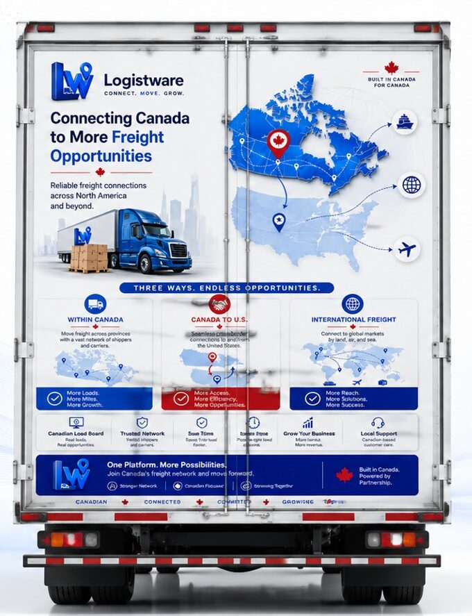 Logistware load board displayed on the back of a transport truck, connecting Canadian carriers, shippers, and freight opportunities.