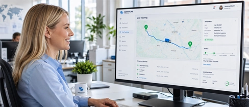 Logistware real-time freight tracking dashboard showing live shipment location, route progress and freight visibility