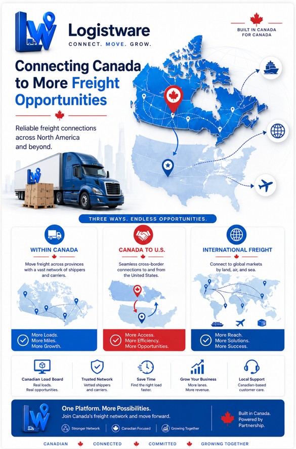 Canadian load board connecting Canada to more freight opportunities with domestic freight, Canada to U.S. loads, and international freight network support