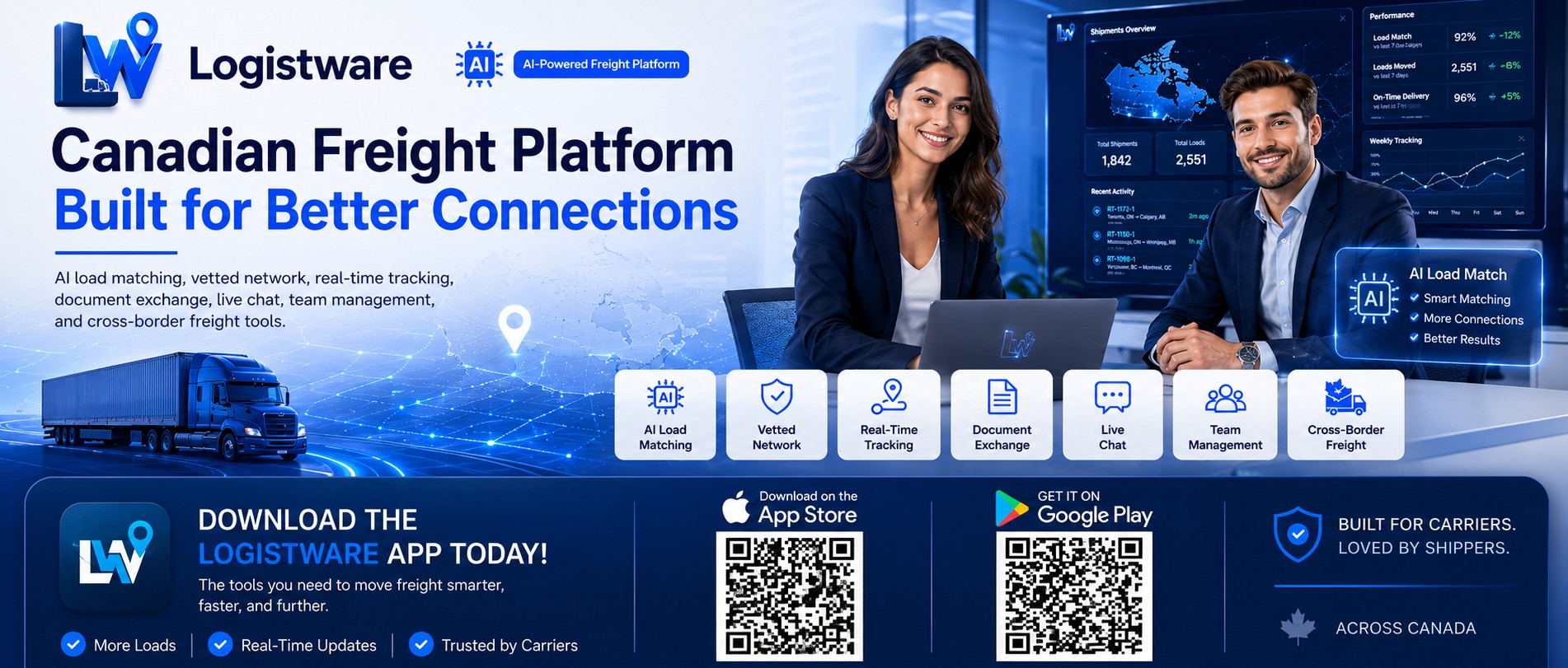 Logistware Canadian freight platform connecting shippers, freight brokers, carriers and fleets with AI-powered load matching, tracking and digital freight tools.