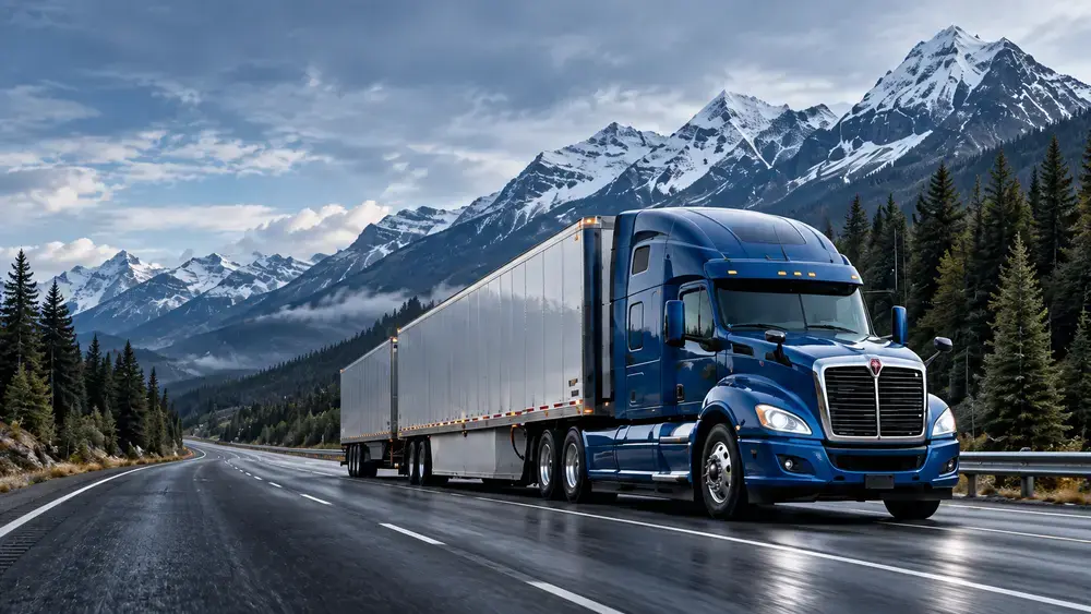 Blue transport truck driving on a Canadian mountain roadway