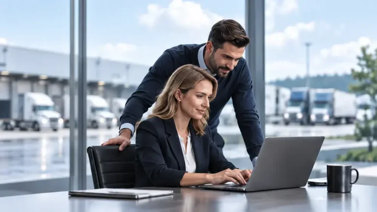 Shipper operations team reviewing freight on a laptop