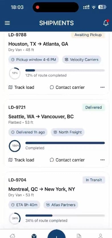 Logistware mobile shipment screen showing freight status and tracking options