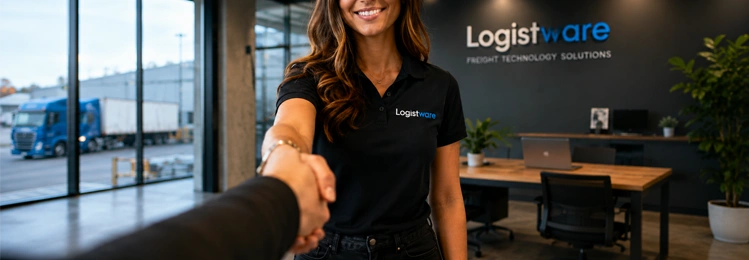 Load board logistics professional welcoming a customer at Logistware