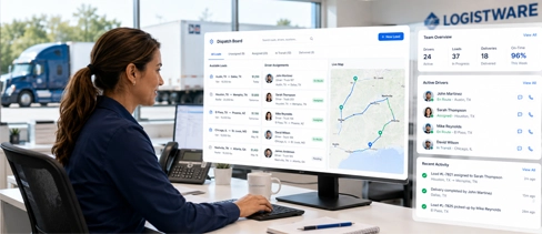 Logistware team and dispatch management dashboard coordinating drivers, dispatchers, freight assignments and shipments
