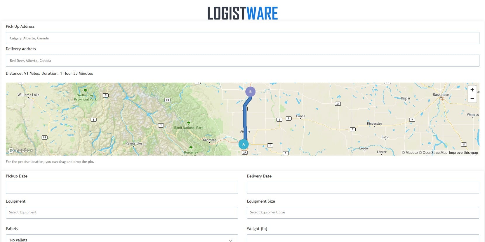 Logistware Calgary Load Board shipment posting interface with Alberta route