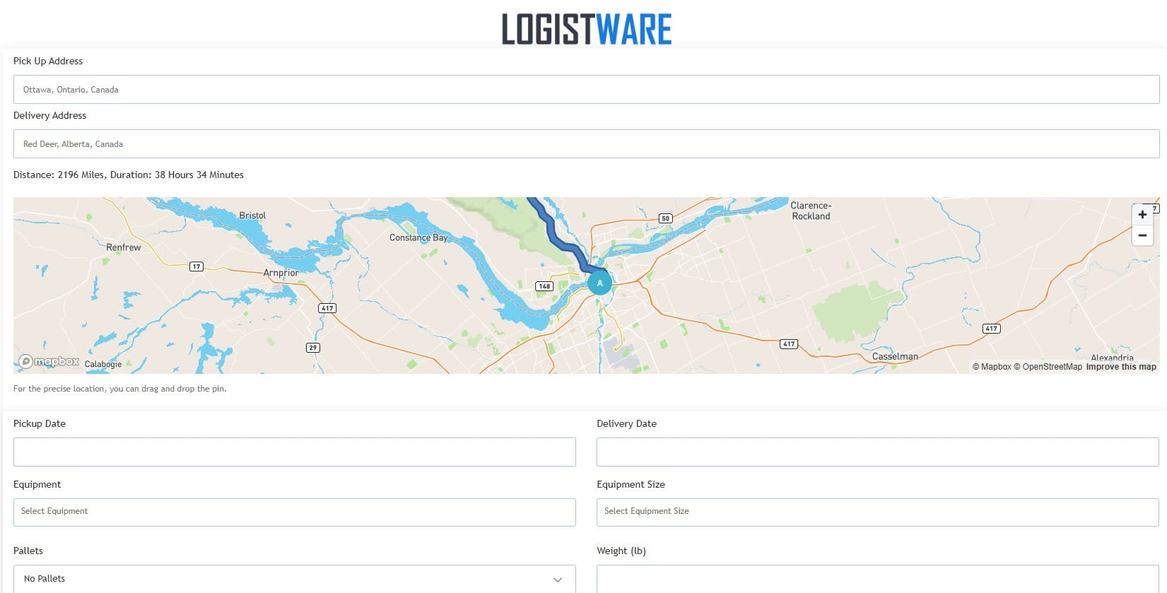 Logistware Ottawa shipment posting screen with route and freight details