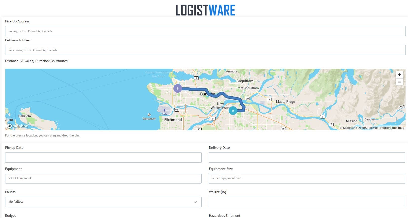 Create Surrey Freight in Logistware Logistware shipment creation interface showing a Surrey to Vancouver freight route