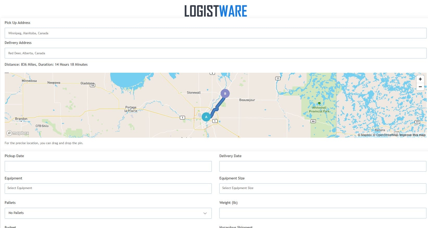 Winnipeg Load Board | Logistware Logistware Winnipeg Load Board freight posting interface showing a Manitoba pickup route