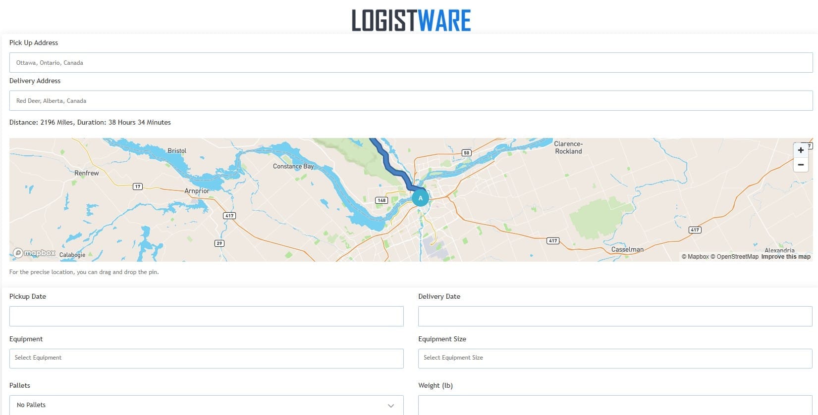 Logistware freight posting interface with shipment route and equipment fields