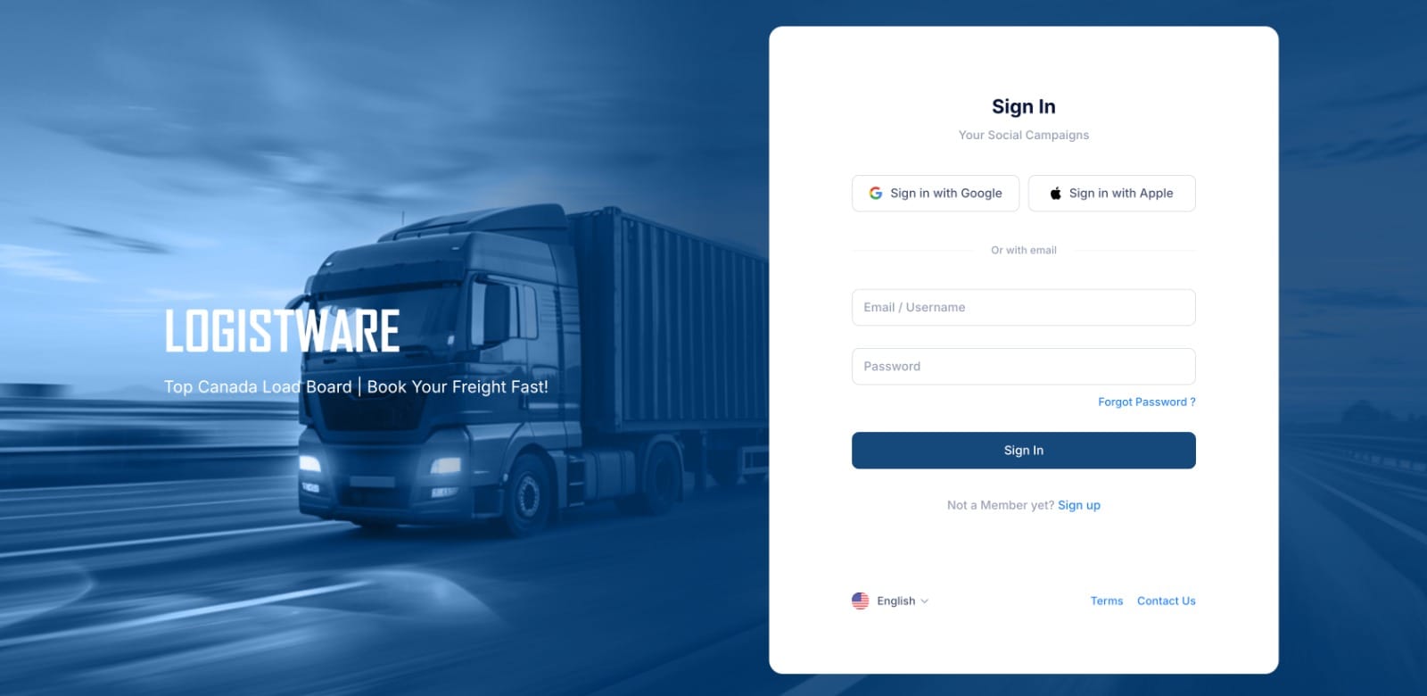 Logistware sign-in screen for carriers looking to find shipments in Niagara