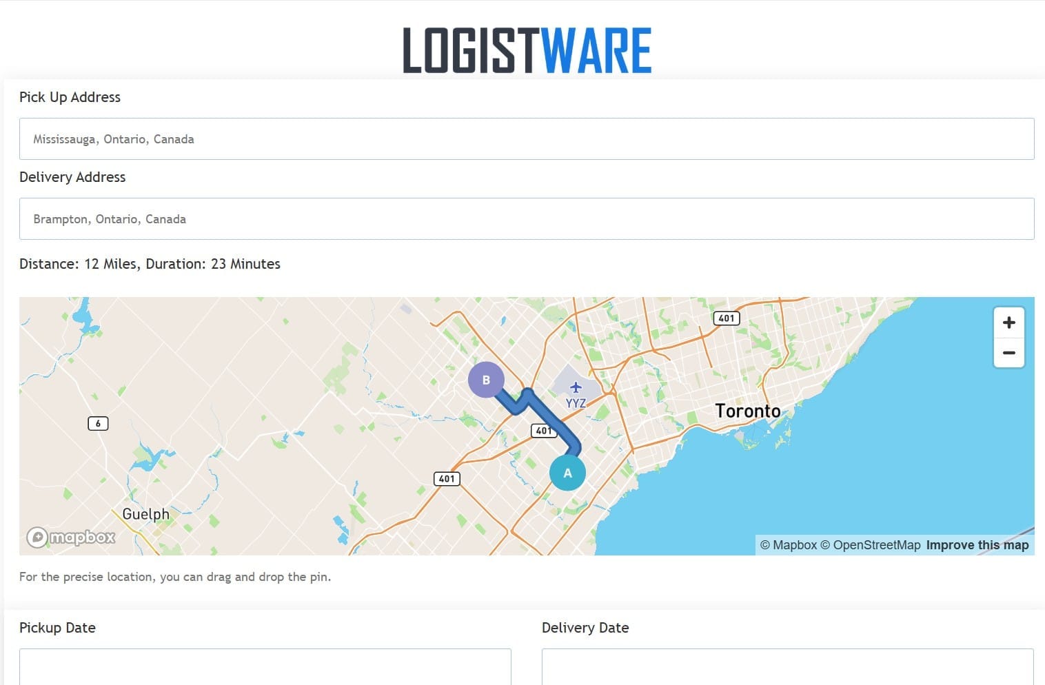 Logistware shipment route screen used when reviewing freight details