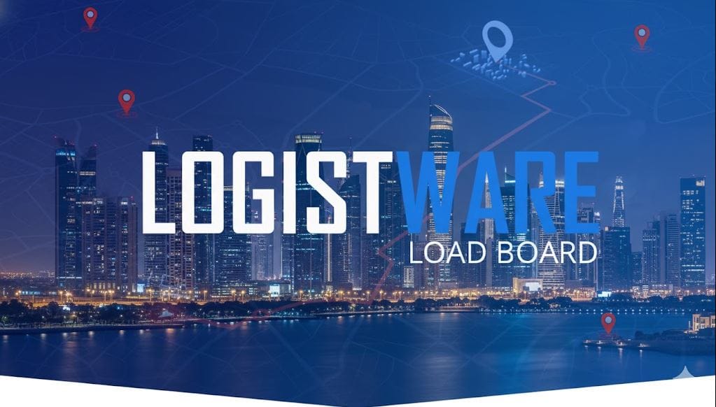 Logistware Load Board branding on an Abu Dhabi-themed skyline illustration