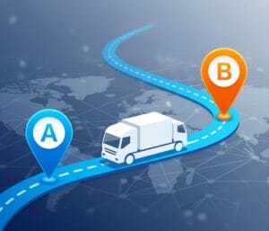 Truck route illustration representing freight moving between pickup and delivery