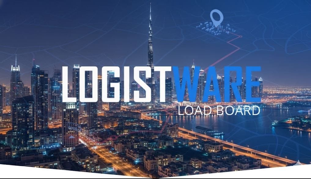 Logistware Load Board branding over an illustration of Dubai’s skyline