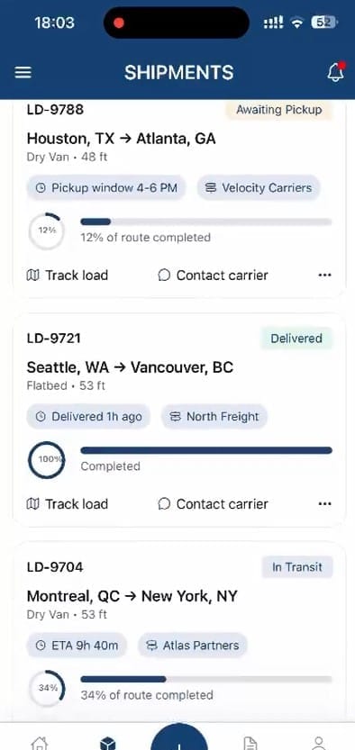 Logistware mobile shipment interface showing Canadian and Canada to United States freight activity