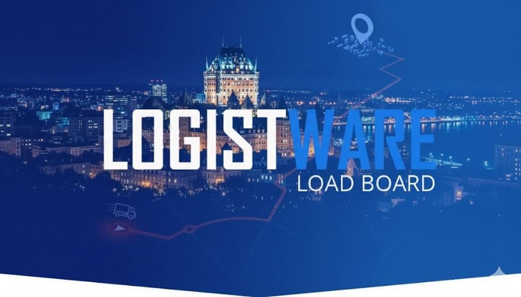 Quebec cityscape with Logistware Load Board branding representing provincial freight transportation