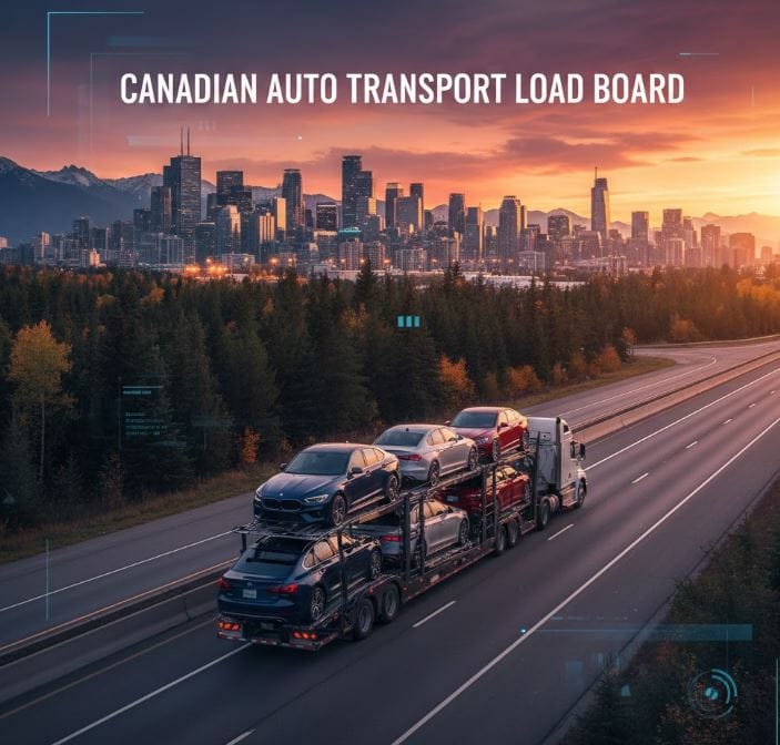 Illustration of an open car carrier hauling vehicles, with Canadian Auto Transport Load Board text