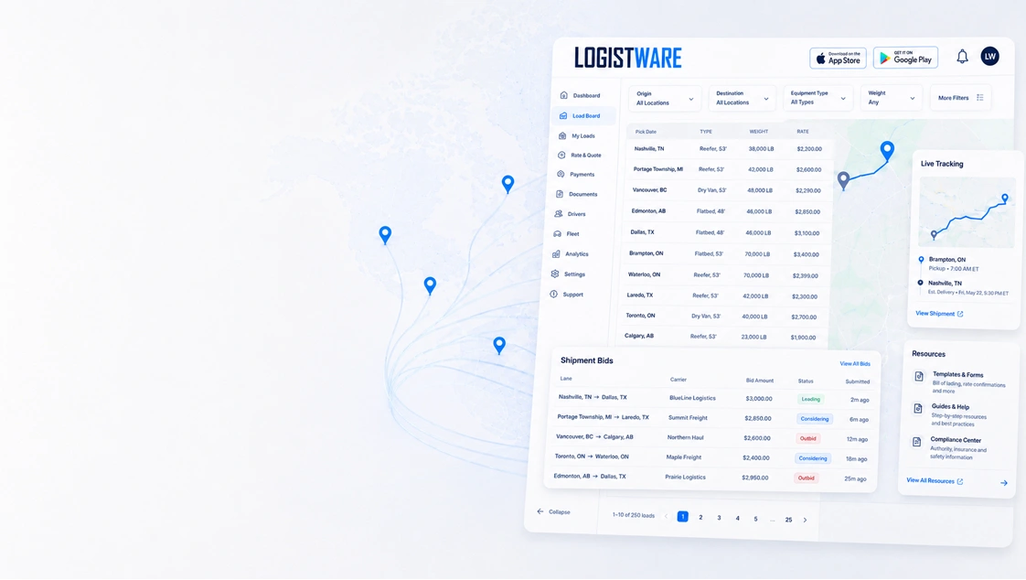 Canadian load board helping shippers, brokers, and carriers find and move freight throughout Canada.