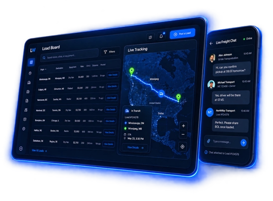 Canadian Load Board with Freight Tracking & Chat | Logistware Logistware Canadian load board showing truck loads, live freight tracking and carrier chat