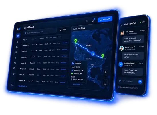 Logistware Canadian load board showing truck loads, live freight tracking and carrier chat