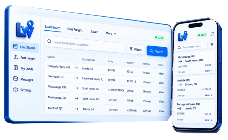 Logistware Canadian load board interface showing live freight loads