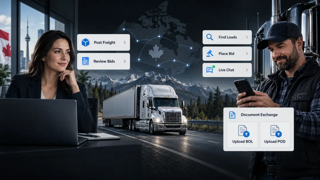 Canadian Load Board Freight Workflow | Logistware Canadian load board connecting shippers, freight brokers and carriers through bids, chat and document exchange