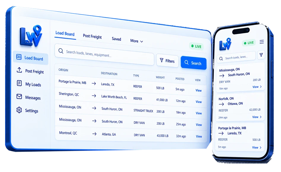 Logistware Canadian load board interface showing live freight loads