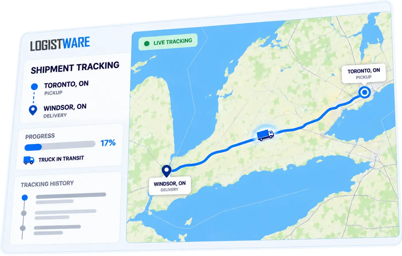 Logistware real-time freight tracking map showing a shipment travelling from Toronto to Windsor.